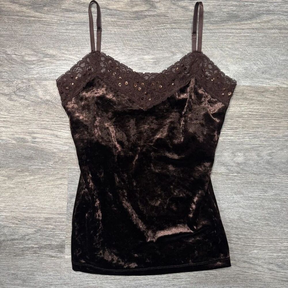 Pacific Heights Casual Vintage Y2K Brown Velvet Lace Sequin Cami Top S